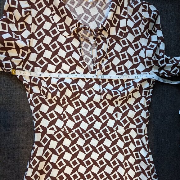 Reformation Will Mini Dress | Brown & Cream Geometric | 60s Style - Picture 5 of 11